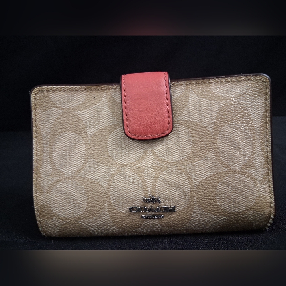 Coach Signature PVC Small Coin Zip Wallet  W/ Pink Interior